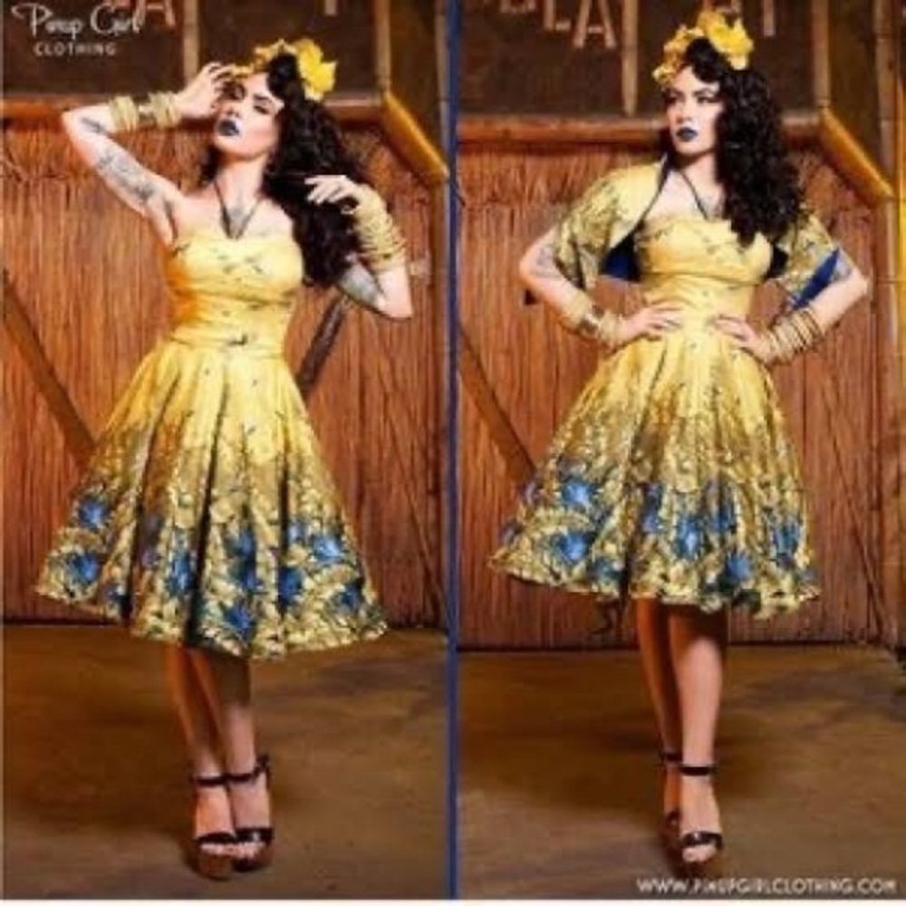Pinup girl unicorn. deadly dames Hawaiian tiki sea siren dress yellow xs